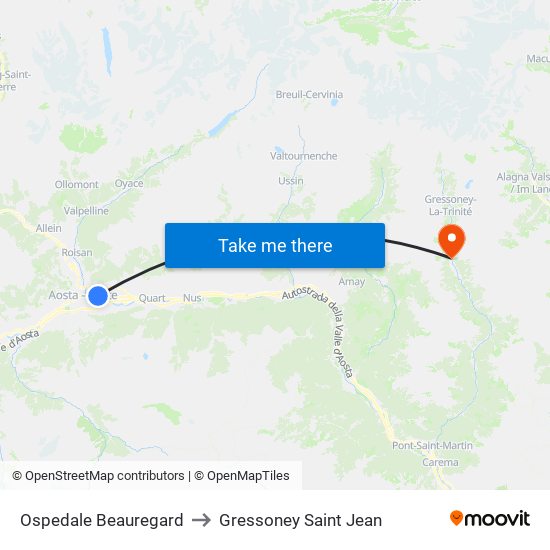 Ospedale Beauregard to Gressoney Saint Jean map