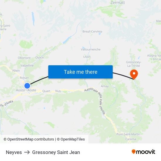 Neyves to Gressoney Saint Jean map