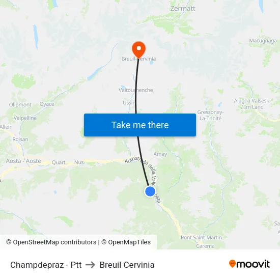 Champdepraz - Post Office to Breuil Cervinia map