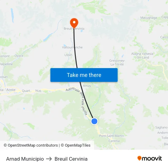 Arnad Town Hall to Breuil Cervinia map