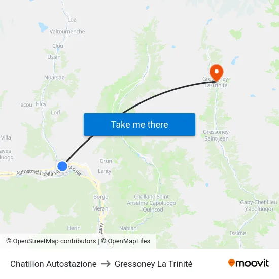 Chatillon Autostazione to Gressoney La Trinité map