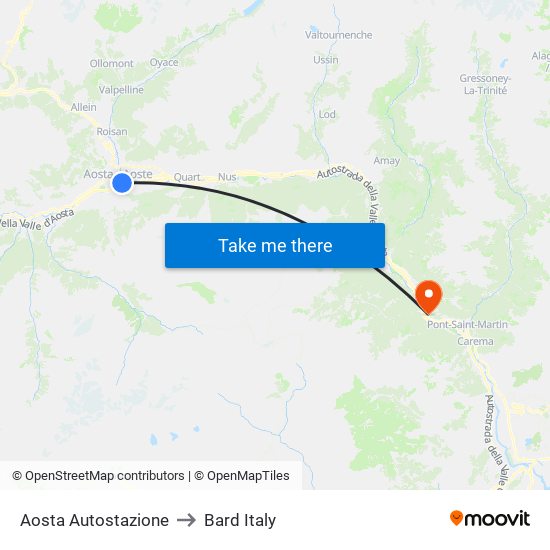 Aosta Autostazione to Bard Italy map