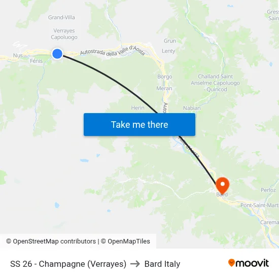 Highway 26 - Champagne (Verrayes) to Bard Italy map