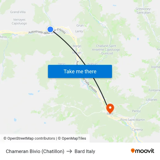 Chameran Bivio (Chatillon) to Bard Italy map