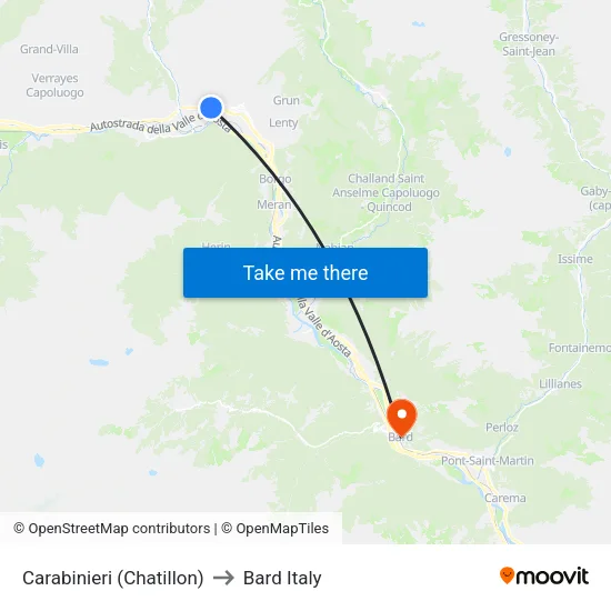 Carabinieri (Chatillon) to Bard Italy map