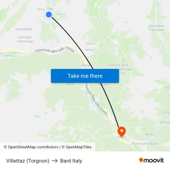 Villettaz (Torgnon) to Bard Italy map