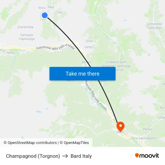 Champagnod (Torgnon) to Bard Italy map