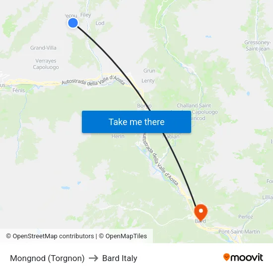 Mongnod (Torgnon) to Bard Italy map