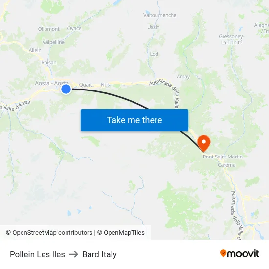 Pollein Les Iles to Bard Italy map