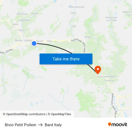 Petit Pollein Junction to Bard Italy map