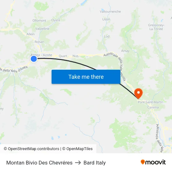 Montan Des Chevréres Junction to Bard Italy map