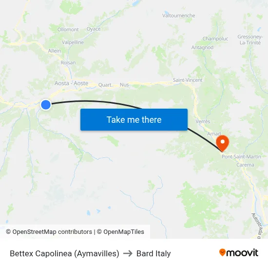 Bettex Terminus (Aymavilles) to Bard Italy map