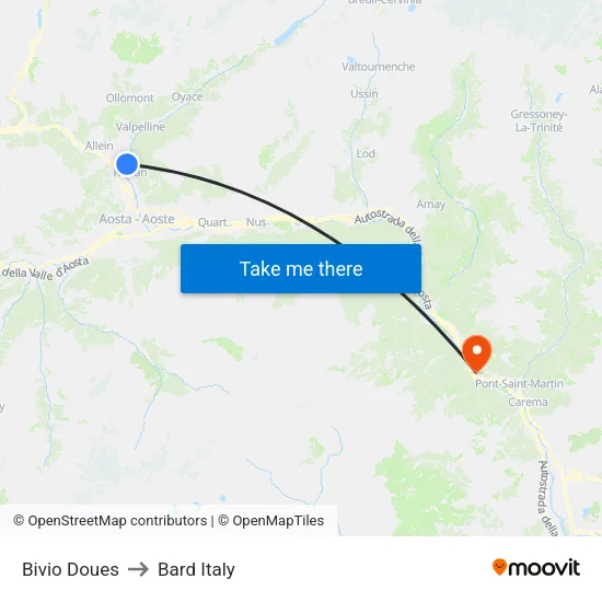 Doues Junction to Bard Italy map