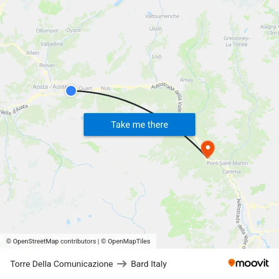 Communication Tower to Bard Italy map