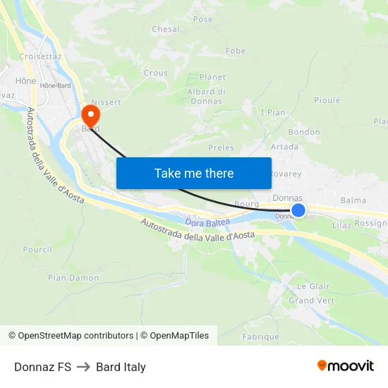 Donnaz Railway Station to Bard Italy map