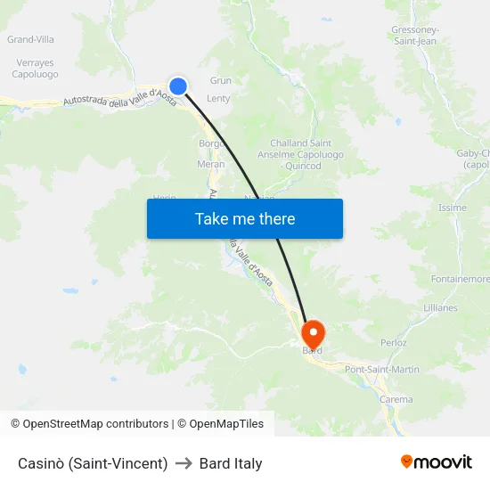Casino (Saint-Vincent) to Bard Italy map