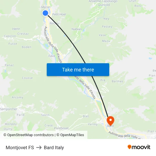 Montjovet Railway Station to Bard Italy map
