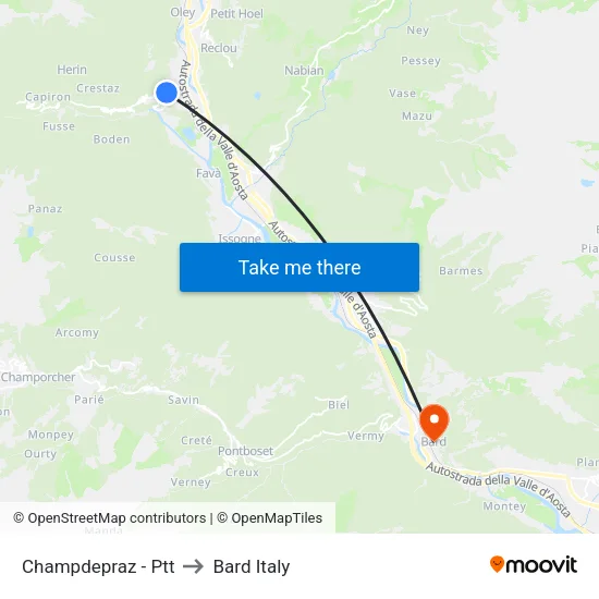 Champdepraz - Post Office to Bard Italy map