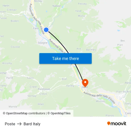 Vèrres Post Office to Bard Italy map