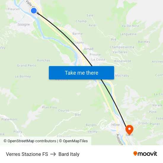 Verres FS Station to Bard Italy map