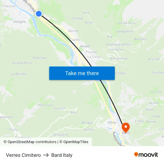 Verres Cemetery to Bard Italy map