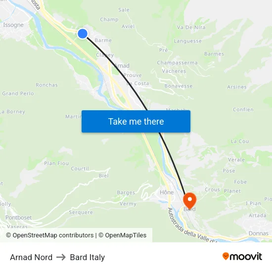 Arnad Nord to Bard Italy map