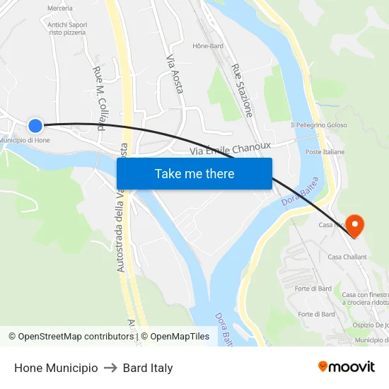 Hone Town Hall to Bard Italy map