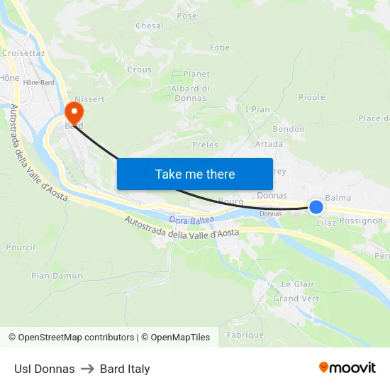 Donnas Health Center to Bard Italy map