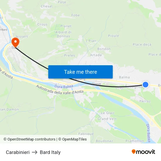 Donnas Carabinieri to Bard Italy map