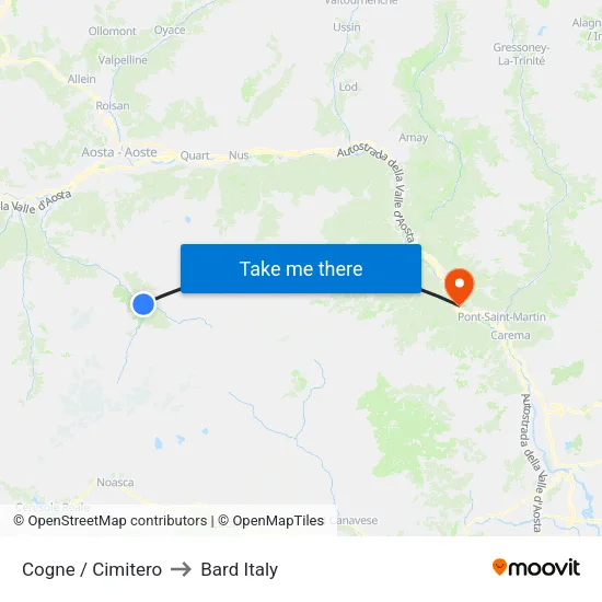 Cogne Cemetery to Bard Italy map