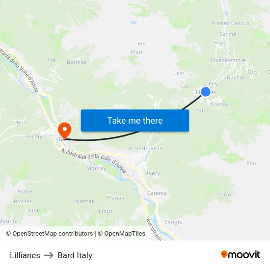 Lillianes to Bard Italy map