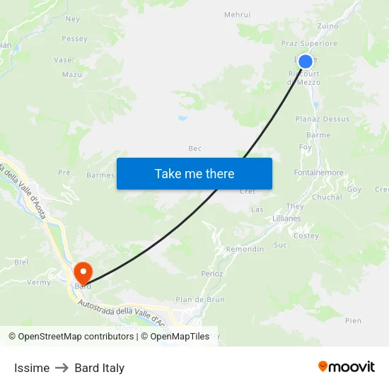 Issime to Bard Italy map