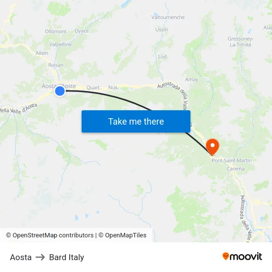 Aosta to Bard Italy map