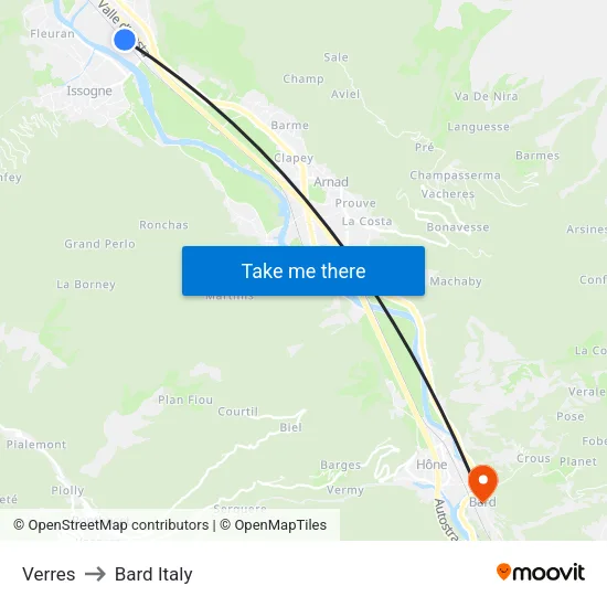 Verres to Bard Italy map