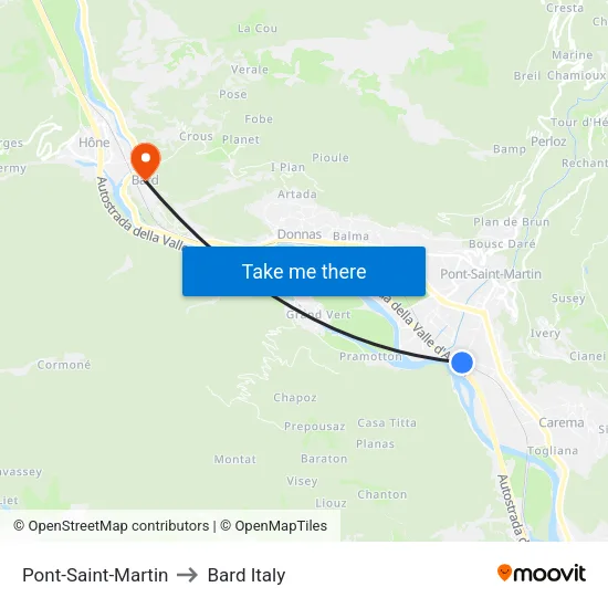 Pont-Saint-Martin to Bard Italy map