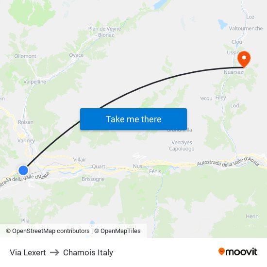 Via Lexert to Chamois Italy map