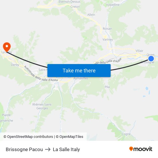 Brissogne Pacou to La Salle Italy map