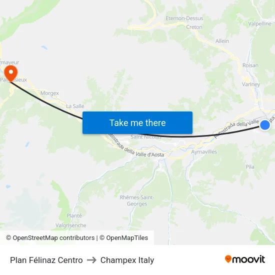 Plan Felinaz Center to Champex Italy map