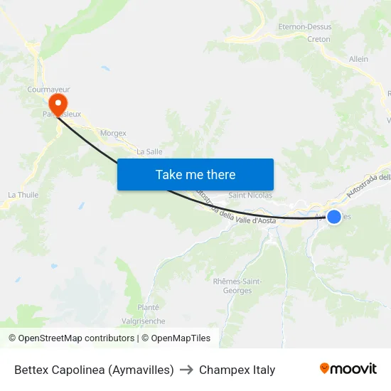 Bettex Terminus (Aymavilles) to Champex Italy map