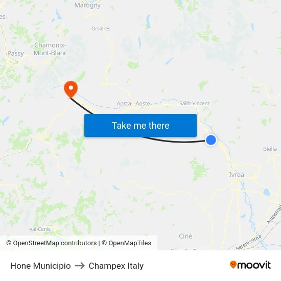Hone Town Hall to Champex Italy map