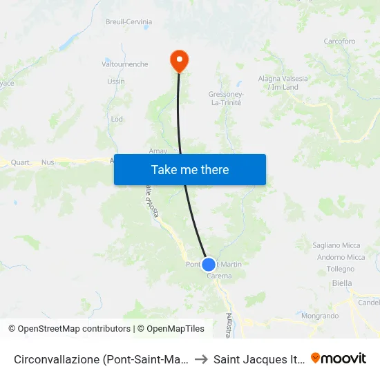 Ring Road (Pont-Saint-Martin) to Saint Jacques Italy map