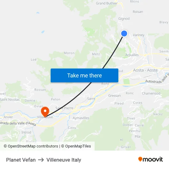 Planet Vefan to Villeneuve Italy map