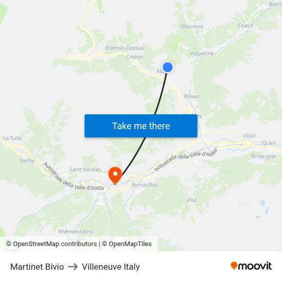 Martinet Junction to Villeneuve Italy map