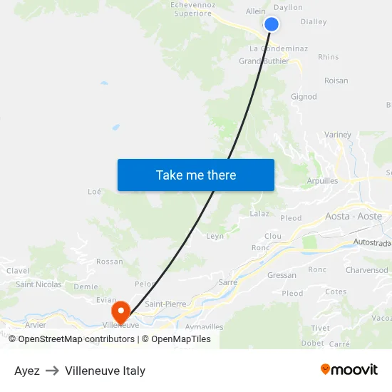 Ayez to Villeneuve Italy map
