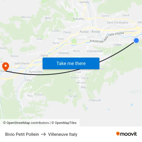 Petit Pollein Junction to Villeneuve Italy map