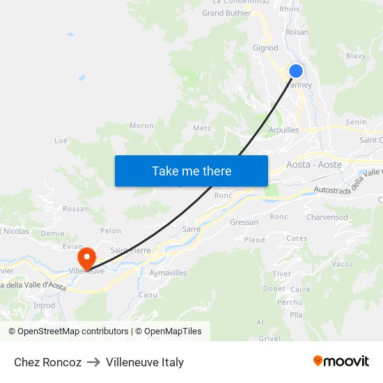 Chez Roncoz to Villeneuve Italy map