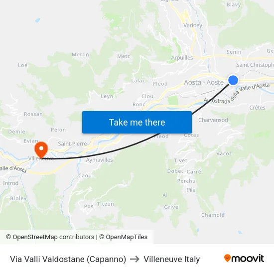Aosta Valley Street (Shelter) to Villeneuve Italy map
