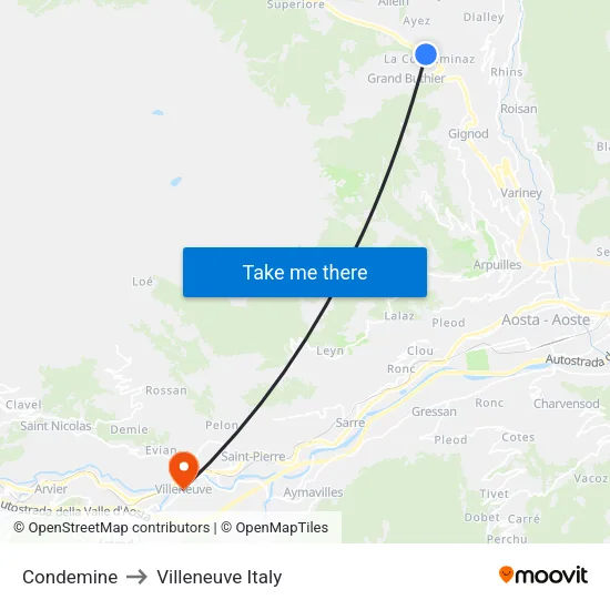 Condemine to Villeneuve Italy map