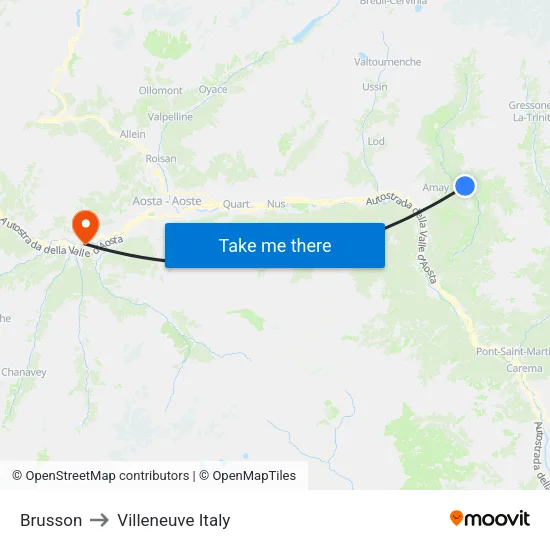 Brusson Center to Villeneuve Italy map