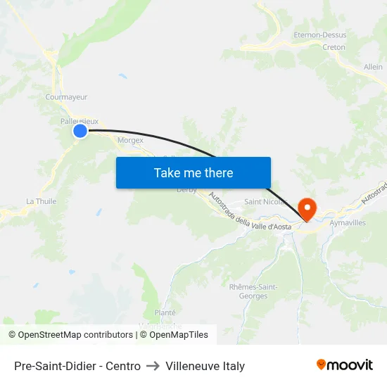 Pre-Saint-Didier - Center to Villeneuve Italy map